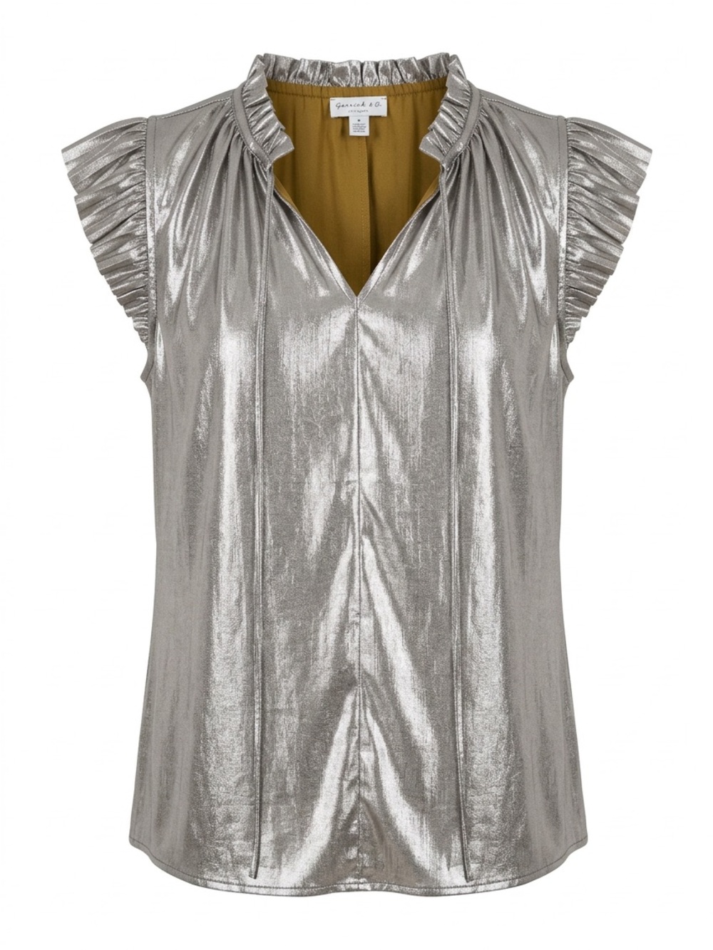 Ganni Silver Metallic Ruffle-Sleeve V-Neck Camisole